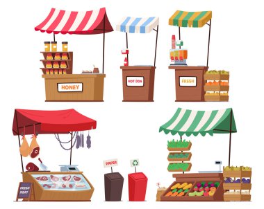 Çiftçiler Hoş Gelen Kanopiler 'i Oyaladılar, Et, Meyve Suyu, Bal ya da Sebze Gibi Taze Ürünler Sergiliyorlar, Mevsimlik Ödül' ü Keşfetmeye Davet Ediyorlar. Çizgi film Vektör İllüstrasyonu