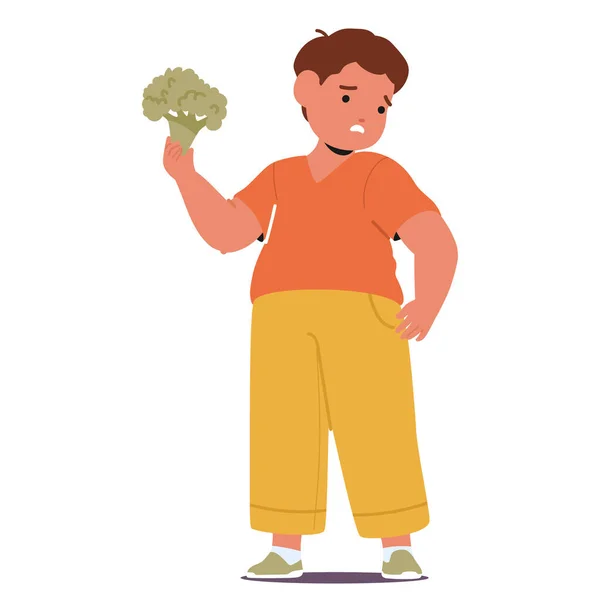 Melancholic Overweight Boy Clutches Broccoli His Downcast Eyes Reflecting Reluctance — Stock Vector