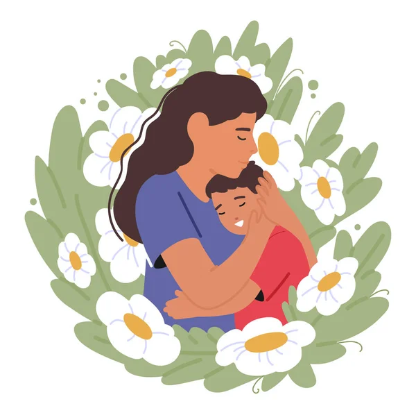 Tender Portrait Capturing Mother Character Embrace Her Child Faces Aglow — Stock Vector