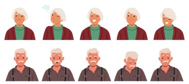 Yaşlı adam ve kadın yüz ifadeleri ve duygular. Düşünen, hisseden, keyifsiz ve kafası karışık erkek ya da kadın karakterler. Yaşlılar Gülümser, Öfkeli ve Sevgi, Üzgün ya da Endişeli. Çizgi film Vektör İllüstrasyonu
