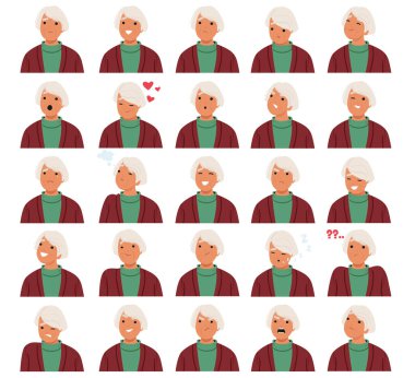 Yaşlı Kadın Yüz İfadeleri ve Duyguları. Yaşlanmış kadın karakteri neşe, keder ve bilgelik, dayanıklılık, gülümseme, dayanıklılık hisseder. Uyuyan Kızgın, Öfkeli Büyükanne. Çizgi film İnsanları Vektör İllüstrasyonu