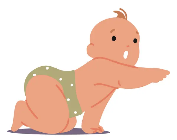 有指尖的指尖的膝盖上的婴儿坐姿 用狭窄的食指指尖伸出一只胳膊的松动 表示兴趣或好奇 与专注的加沙相伴 卡通矢量图解 — 图库矢量图片