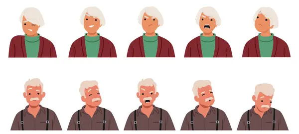 Old Man Woman Face Expressions Emotions Male Female Grandparent Characters — Stock Vector