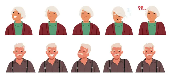 stock vector Old Man And Woman Face Expressions And Emotions. Male Or Female Characters Feel Joy, Sorrow, Anger And Confusion. Aged People Smile, Angry, Sleeping And Ask Questions. Cartoon Vector Illustration