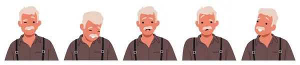 Old Mustached Man Face Emotions Wrinkled Senior Male Character Wink — Stock Vector