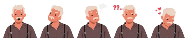 Old Man Face Displays Range Emotions Wrinkled Senior Male Character — Stock Vector