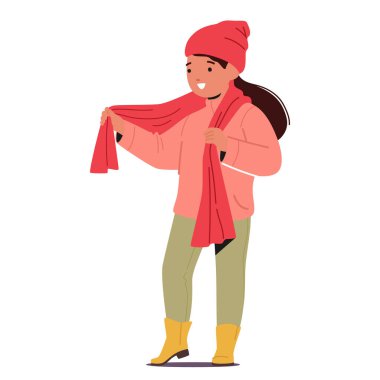 Küçük kız karakter kendini rahat örülü bir eşarba sarar ve kış şapkasını kulaklarının üzerine takar, serin bir yürüyüşe hazırdır. Gözlerinde heyecan parıldıyor. Çizgi film İnsanları Vektör İllüstrasyonu