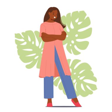 Kendinden emin ve güçlü Afrikalı Kadın Karakteri. Modern Siyahi Kadın Ayakta Duruyor, Kolları çapraz, Güç ve Dayanıklılığı Dengeli ve kendine güvenen tavrıyla yayıyor. Çizgi film Vektör İllüstrasyonu