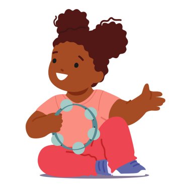 Neşeli küçük çocuk, ışıldayan mutluluk, yerde oturuyor, oyuna dalmış, ritmik bir şekilde tef çalıyor, siyahi kız karakter müzik dünyasını öğreniyor. Çizgi film İnsanları Vektör İllüstrasyonu