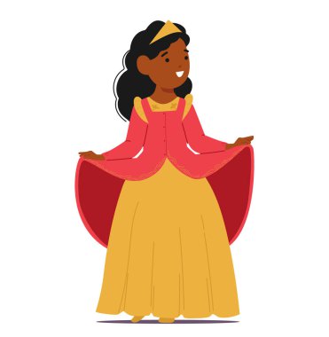 Kraliçe Elbisesi Giyen Siyah Çocuk Karakteri. Küçük kız pırıl pırıl prenses elbisesi içinde ışıldıyor, gözleri sevinçten kıpır kıpır, elbisesi etrafında sihir gibi çırpınıyor. Çizgi film İnsanları Vektör İllüstrasyonu