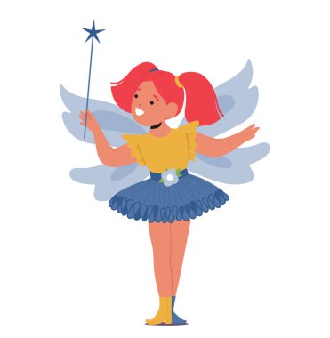 Büyüleyici bir kostümle parıldayan küçük bir kız, masum gözlerle parlayan gözleri arkasında çırpınan hassas kanatlar gibi, kaprisli bir büyü yapıyor. Çizgi film Vektör İllüstrasyonu