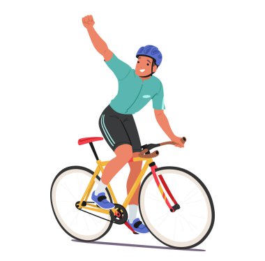 Sporcu Bisikletçi Karakteri kendinden emin bir yumruk hareketi, gülümseyen bir gülümseme, somutlaştırıcı bir zafer ve saf bir sevinçle bisiklete biniyor. Sporcu Zafer Sevinçlidir. Çizgi film İnsanları Vektör İllüstrasyonu