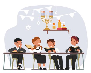 Yahudi Çocuk Karakterleri özenle Tevrat 'ı inceler, dini öğretileri ve gelenekleri saygı ve adanmışlıkla öğrenmek için kendilerini kutsal metinlere sokarlar. Çizgi film İnsanları Vektör İllüstrasyonu