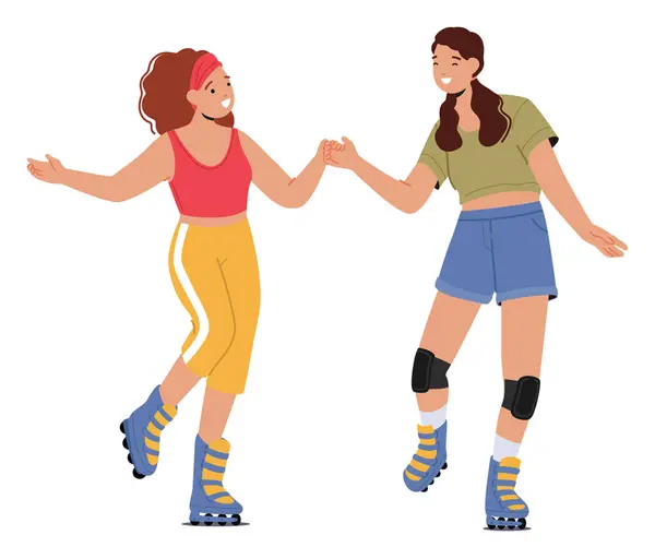 Girl Friend Characters Roller Skating Laugh Share Moments Glide Smoothly — Stock Vector