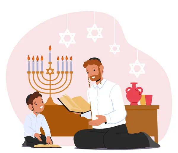 ユダヤ人の子供の少年キャラクターは 教師によって導かれ 聖なる教えに没頭し 信仰と遺産への深いつながりを促進するトーラー研究に忠実に従事しています ベクター イラスト — ストックベクタ