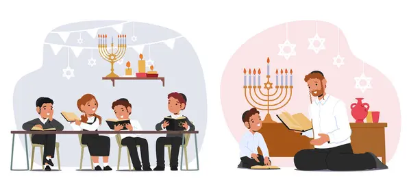 Jewish Children Characters Gather Immersed Torah Study Exploring Ancient Texts — Stock Vector