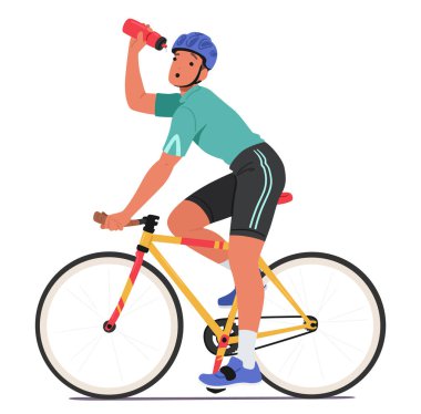 Bisikletçi Sporcu Karakter Pedallaması, Boş Su Şişesi, Kurutulmuş, Susuzluk Arayan, Yolculuk Boyunca Süren, Yenilenmeye Susamış. Çizgi film İnsanları Vektör İllüstrasyonu