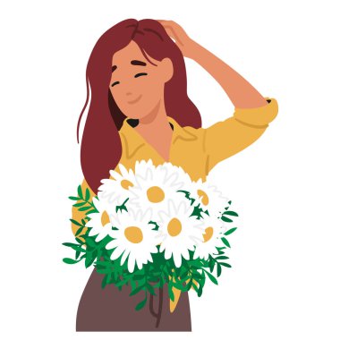 Papatya Çiçeği Buketli Zarif Bakire Karakteri, Gençliğini Yansıtan Narin Yaprakları. Doğanın armağanı avuçlarının içinde, Saflık saçıyor. Çizgi film İnsanları Vektör İllüstrasyonu