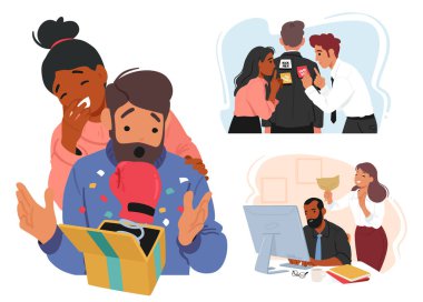 1 Nisan 'da Arkadaş Karakterleri Zararsız Eşek Şakaları, Hediye Kutusunda Boks Eldiveni, Arkasında Yapışkan Notlar, Patlak Kağıt Torba, Kıvılcım Sürprizi ve Kahkaha. Çizgi film İnsanları Vektör İllüstrasyonu