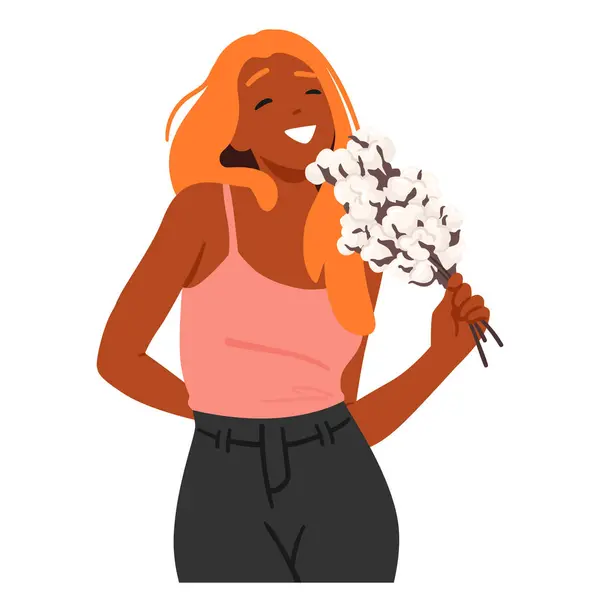 Mulher Radiante Personagem Clasps Bouquet Exuberante Flores Linho Fofo Olhos — Vetor de Stock