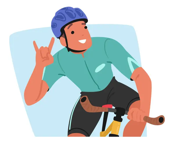 Sportsman Cyclist Character Confidently Rides His Bike While Flashing Iconic — Stock Vector