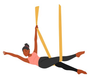 Esnek Kadın Karakteri Hamakta Akıcı Bir Havadan Yoga Yapıyor. Vücudu bükülüp genişliyor, kumaşı kucaklıyor, havada uyumlu bir dans yaratıyor. Vektör İllüstrasyonu