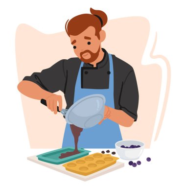 Şekerleme karakteri titizlikle erimiş çikolatayı kalıplara döküyor, hassasiyet ve sanatın sağlanması için. Parlak Sıvı Lezzetli Şekillere Dönüşür, Dayanışma Üzerine Tatlı Şımarma Sözü Verir