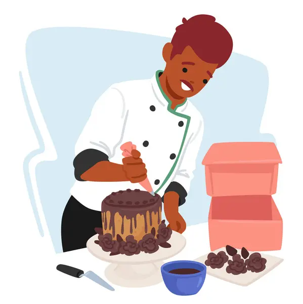 Geschickter Männlicher Konditorencharakter Schmückt Eine Torte Mit Üppiger Schokoladenglasur Und — Stockvektor
