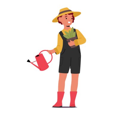 Bahçıvan Kostümü İçinde Sevimli Çocuk Karakteri 'nin elinde bir su kovası ve bir bitki, geleceğin mesleğini somutlaştıran, Doğa Çiçeklerini Yetiştirme Tutkusunu filizlendiren bir çiçek var. Çizgi film İnsanları Vektör İllüstrasyonu