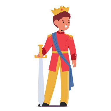 Prens gibi giyinmiş, altın taç ve kılıç takmış yakışıklı, masum gülüşü ve ışıl ışıl gözleriyle asaleti somutlaştıran genç çocuk karakteri. Çizgi film İnsanları Vektör İllüstrasyonu
