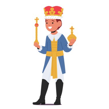 Krallara layık bir kral kostümü içindeki genç karakter, Majestelerini altın taçla, asayla ve görkemli bir kuşakla besliyor, gözleri hayali kraliyetin neşesiyle parıldıyor. Çizgi film İnsanları Vektör İllüstrasyonu