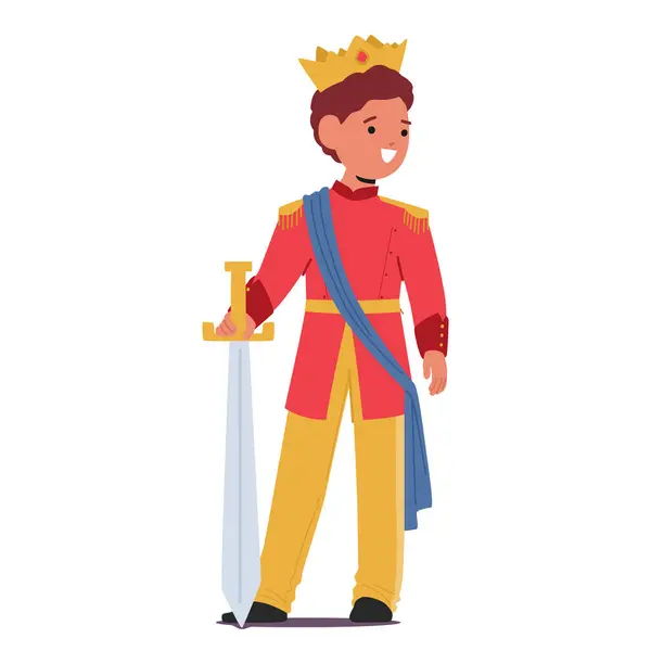 Детский Персонаж Одетый Принц Украшенный Королевский Костюм Золотую Корону Меч — стоковый вектор