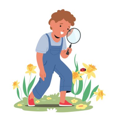 Büyüteçle canlı tarlada böcek öğrenen çocuklar bahar doğasının harikalarını keşfediyorlar. Bahar etkinliklerine katılan çocuk merakı ve dışarıyla bağlantıyı arttırır. Vektör İllüstrasyonu