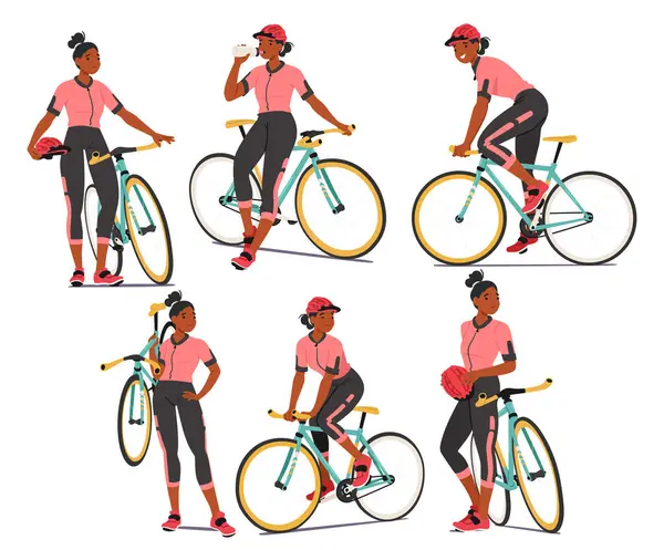 Energetische Radfahrerin Weiblichen Charakters Tritt Die Pedale Ihr Fahrrad Hält — Stockvektor