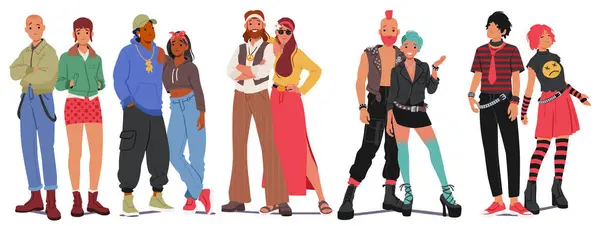 Diferentes Parejas Subculturas Punks Emo Skinheads Hip Hoppers Hippies Personajes — Archivo Imágenes Vectoriales