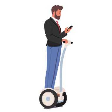 İş adamı karakteri, takım elbiseli, segway 'de pürüzsüz süzülüyor, yön bulma ile akıllı telefonunda derin bir konuşma arasında bölünmüş durumda. Çizgi film İnsanları Vektör İllüstrasyonu