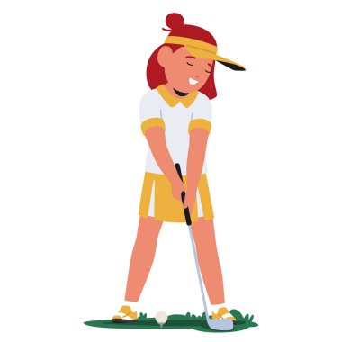 Odaklanmış Kararlılığı olan genç bir kız golf sahasının ortasında spor kıyafetiyle golf vuruşunu yapıyor. Çocuk Golfçü Eğitimi. Çizgi film İnsanları Vektör İllüstrasyonu