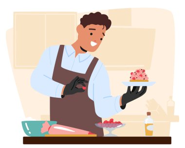 Kadın karakterler rengarenk kremalı, dutlu, fıskiyeli, parlak bir mutfakta duran ve etrafı fırın aletleri ve malzemelerle çevrili bir kekle ustaca ilgilenirler. Çizgi film İnsanları Vektör İllüstrasyonu