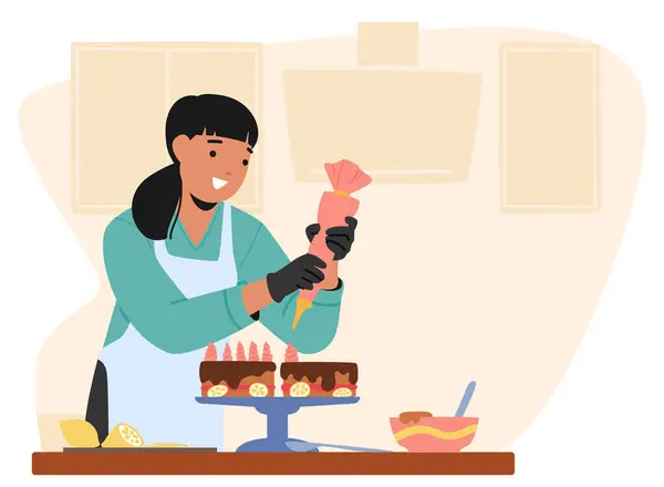 Персонаж Женщины Тщательно Украшает Торт Кухне Умело Прокладывая Глазурь Организовывая — стоковый вектор