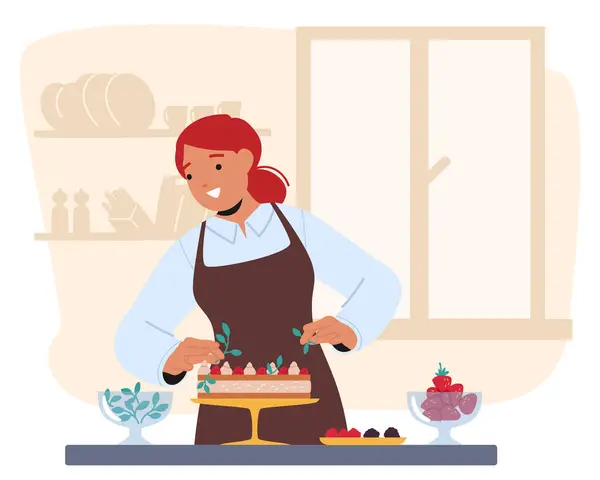 Женщина Умело Украшает Торт Свежими Ягодами Начинками Кухонном Столе Женский — стоковый вектор