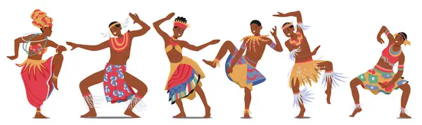 African Tribal Dancers Characters Vibrant Traditional Attire Move Rhythmic Grace — Stock Vector