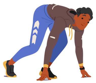 Genç Sporcu Özellikleri Düşük Başlangıç Duruşunda Çömeliyor, Kasları Gerilmiş, Gözler Önüne Odaklanmış, Kararlı Yoğunlukla Harekete Hazır. Çizgi film İnsanları Vektör İllüstrasyonu