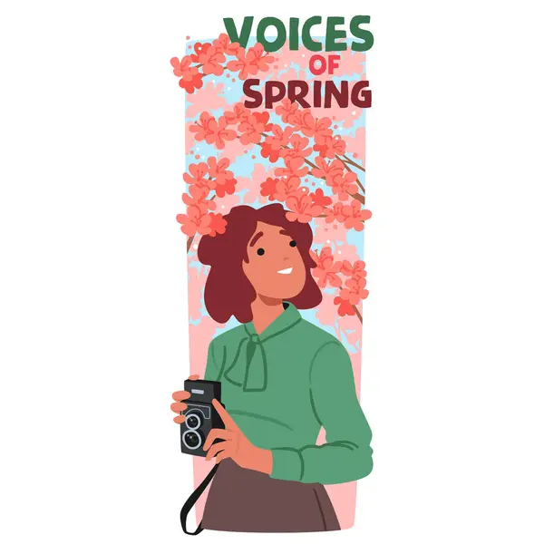 こんにちは春の垂直バナーまたはカード 若いガールキャラクターが咲く桜の中で 喜んで彼女のカメラで写真をスナップ 季節の美しさ漫画の人々 ベクターイラストを受け入れる — ストックベクタ