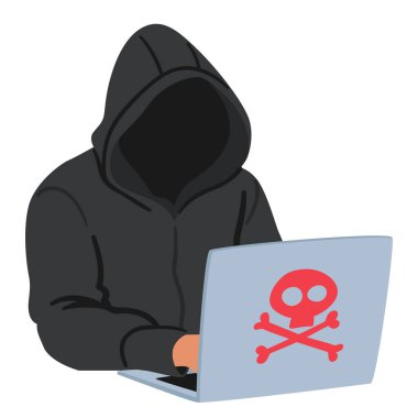 Shadowy Hacker karakterli, başlıklı, dizüstü bilgisayarına kasten kurukafa işareti koyan, tehlikeyi simgeleyen ya da Dijital Yeraltı Dünyası 'nı hackleyen biri. Çizgi film İnsanları Vektör İllüstrasyonu