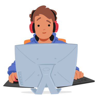 Kulaklıktaki Genç Karakter, Bilgisayar 'da geziniyor, Güvenli Tarama Uygulamaları ve Dijital Çağ' da Kişisel Bilgilerin Korunması yoluyla Web Güvenliğini somutlaştırıyor. Çizgi film İnsanları Vektör İllüstrasyonu