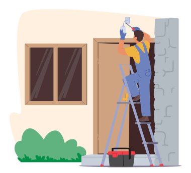 Elektrik Mühendisi Karakteri ustalıkla ev girişine bir lamba yerleştirir, güvenliği sağlar, misafirleri ağırlamak ve güvenliği arttırmak için etkin bir aydınlatma sağlar. Çizgi film İnsanları Vektör İllüstrasyonu