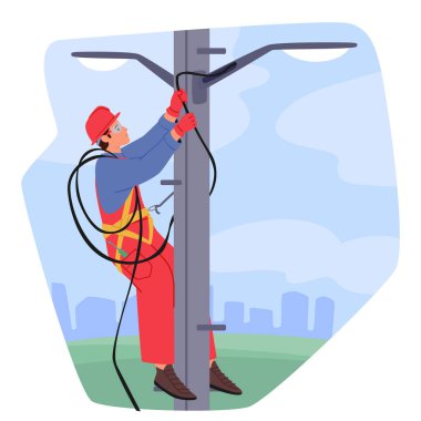 Elektrik İşçisi Karakteri, tamir için elektrik hattına tırmanıyor. Elektrik Tesisleri Kablo Bakım İşlerinde Tamirci Mühendis Üniforması ile kavramı. Çizgi film İnsanları Vektör İllüstrasyonu