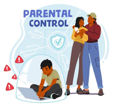 Parent Characters Use Control Tools to Help Safeguard Kid Online By Filtering Content, Limiting Screen Time, And Monitoring Activities To Ensure A Safe And Age-appropriate Internet Experience, Vector clipart