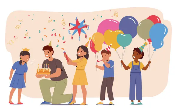 友人たちに囲まれたジョイフルガールキャラクター ビームは誕生日のケーキでろうそくを吹き飛ばし お祝いの光と若々しい笑いの部屋を満喫します ベクター イラスト — ストックベクタ