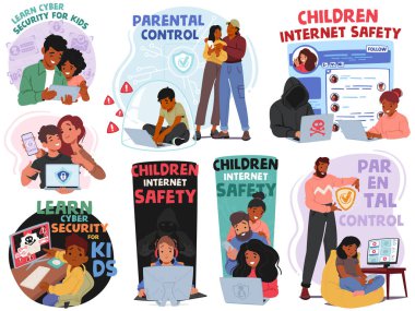 Set Kids Web Safety Themes, Involve Implementing Tools And Practices To Protect Children From Harmful Content, Cyberbullying, And Online Predators While Encouraging Positive Digital Habits And Privacy clipart